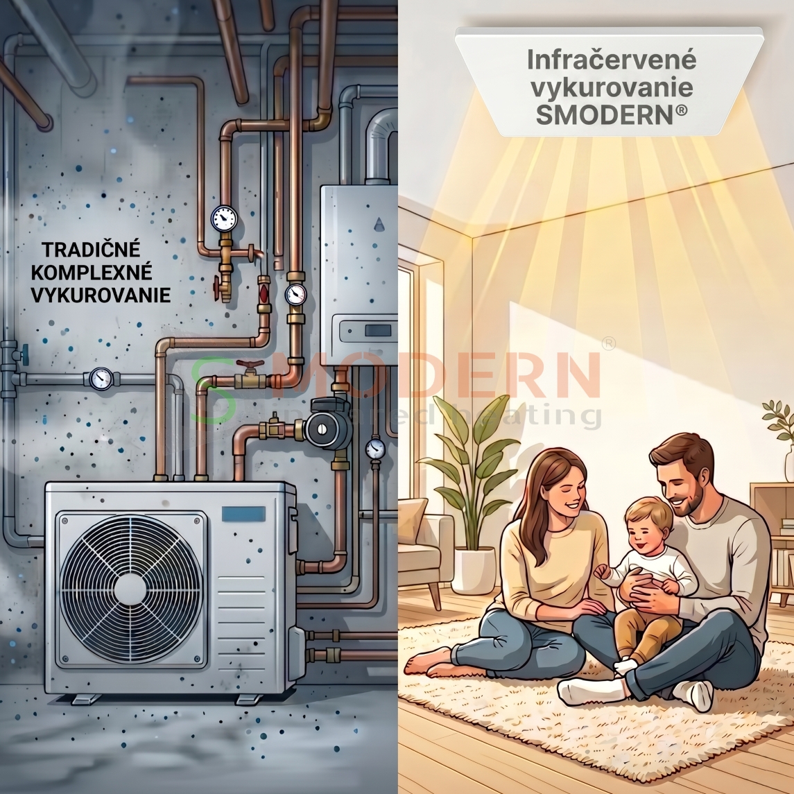 Tepelné čerpadlo vs. infrapanely: Reálne porovnanie nákladov a návratnosti. Vizuálne porovnanie – vľavo vonkajšia jednotka tepelného čerpadla na fasáde, vpravo moderné stropné infravykurovanie SMODERN® sálajúce teplo.